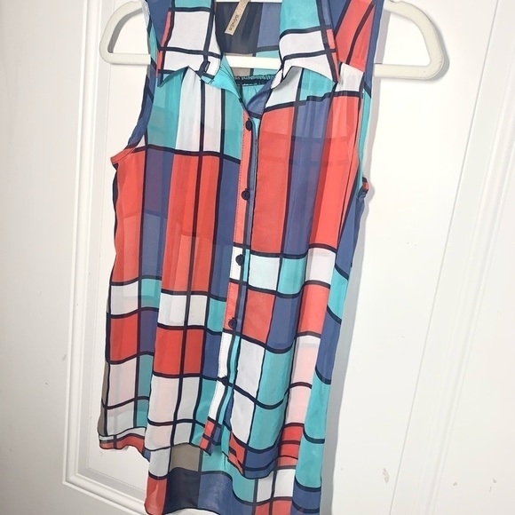 Vintage Poema Geometric print button down sleeveless blouse Small - Picture 4 of 6